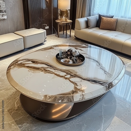 Oval coffee table with a marble-look top, situated in a modern living room.  The table's base is a polished metal
