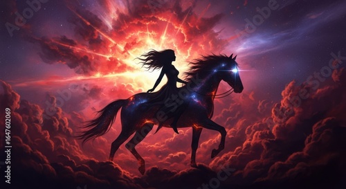 Celestial Rider on Cosmic Steed Amidst Nebula's Glow
