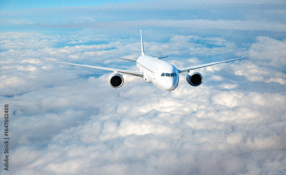 Obraz premium White passenger airplane flying in the sky amazing clouds in the background - Travel by air transport