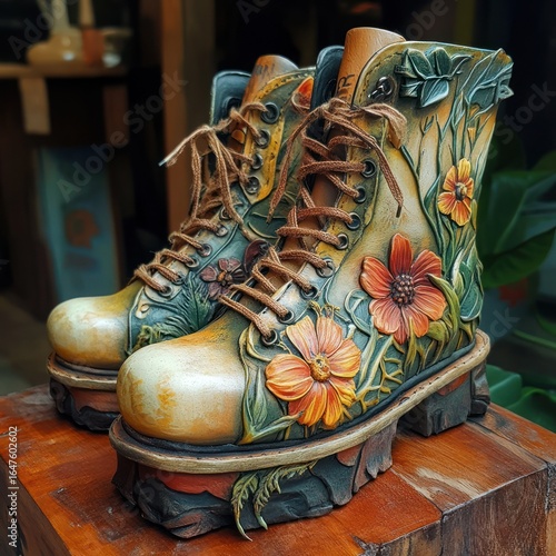Pair of ornate leather boots.  Floral & nature theme.  High top, chunky platform sole