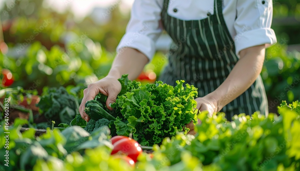 Fototapeta premium Realistic medium-shot from waist up of an anonymous chef harvesting fresh vegetables on a farm, wearing a chef’s uniform and apron, natural skin tones, focused on the task, vibrant colors, bright dayl