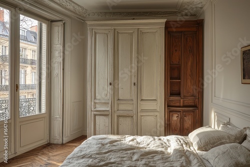 Parisian bedroom with antique furnishings.  Sunlight streams into a light-filled room with vintage-style wardrobe and chest of drawers.  Large windows offer a view of a European city
