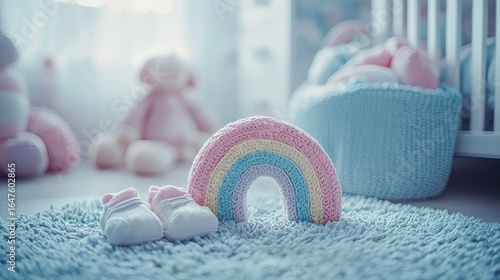 Pastel-toned nursery scene with a rainbow-shaped toy and baby booties.  Soft-focus, shallow depth of field, depicting a cozy and inviting space for a newborn