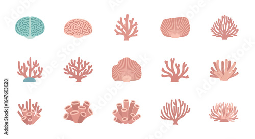Assorted Coral and Brain Icons in Pastel Colors, Flat Design
