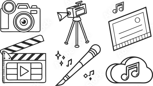 Illustration of film and music production elements including camera and musical notes sketch style