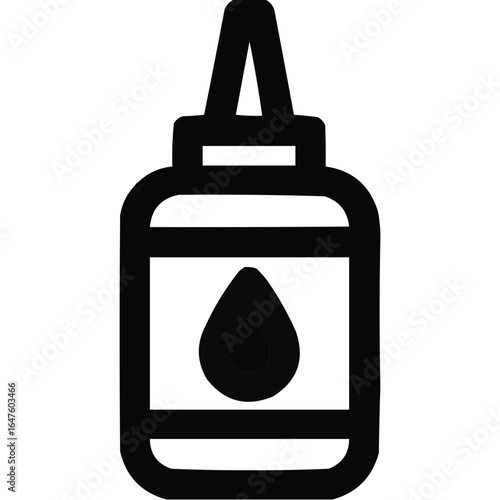 Bottle of glue with pointed nozzle and adhesive drop design  