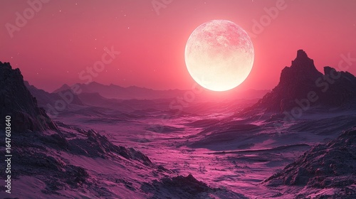 Pink alien landscape with a large moon.  Vast, mountainous terrain covered in a pinkish-white substance.  A large, pale pink moon hangs high in a vibrant pink sky.  Rocky peaks pierce the horizon