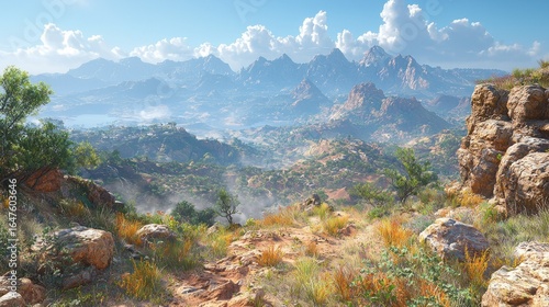 Panoramic vista of a sun-drenched mountain valley