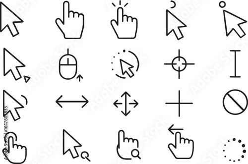 Mouse Cursor Click Editable Stroke Outline Icon Set Pixel Perfect Vector Icons for UI, UX, Computer, Web and App Design