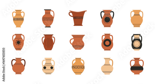 Collection of Ancient Greek Ceramic Amphorae and Vessels with Decorative Patterns