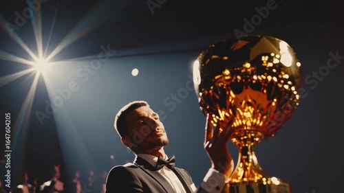 Celebration of Victory: A Champion Raises the Trophy High in Triumph, Illuminated by Stage Lights with an Enthusiastic Crowd in the Background
