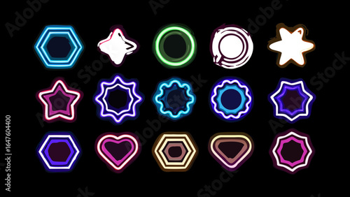 Neon shapes vector set with hexagon star and circle glowing elements for design and decoration artwork