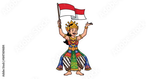 Joyful Indonesian woman in traditional costume holding a flag, illustrated against a white background, in a cartoon style with vibrant colors.