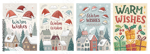 Festive holiday cards featuring cozy homes, warm wishes, and cheerful Christmas hats in a winter wonderland theme.