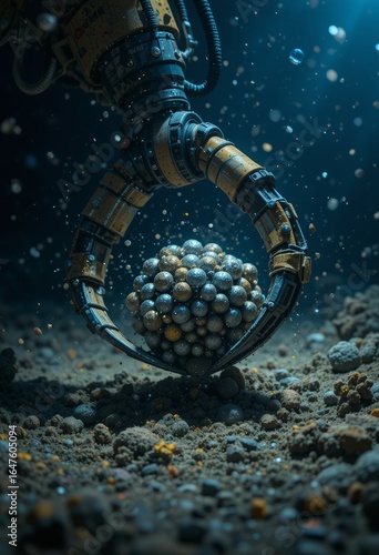 seabed mining robot claw gripping metallic nodules under intense spotlight Generative AI