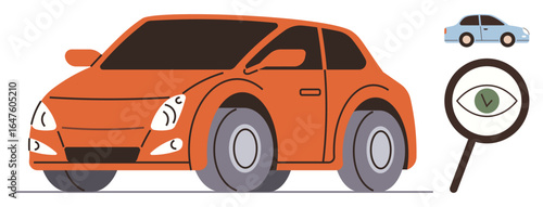 Orange car in focus with magnifying glass displaying an eye, accompanied by a smaller blue car. Ideal for car inspection, maintenance, evaluation, safety, condition check, vehicle purchase
