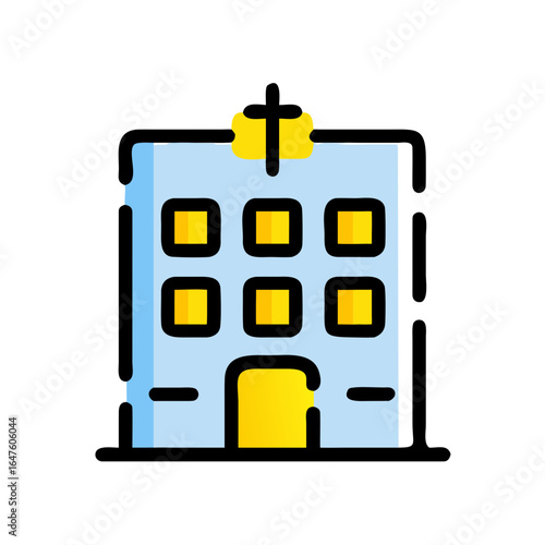 Stylized blue hospital building icon with a yellow cross and glowing windows.