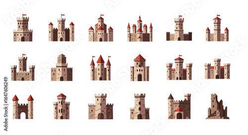 Collection of medieval stone castles and fortresses, illustrated in a flat vector style with red roofs and flags.