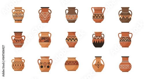 Collection of Ornate Terracotta Vases with Intricate Tribal Designs