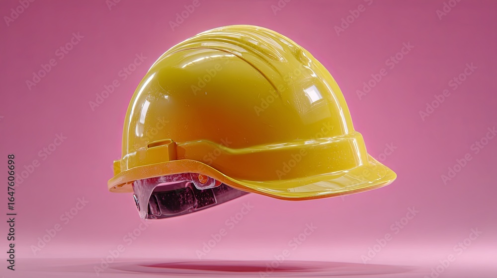 Fototapeta premium Bright yellow safety helmet against a pink background.