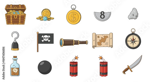 Collection of Pirate Themed Objects: Treasure Chest, Coins, Hook, Flag, Spyglass, Map, Compass, Cannonball, Dynamite, Bottle, and Sword