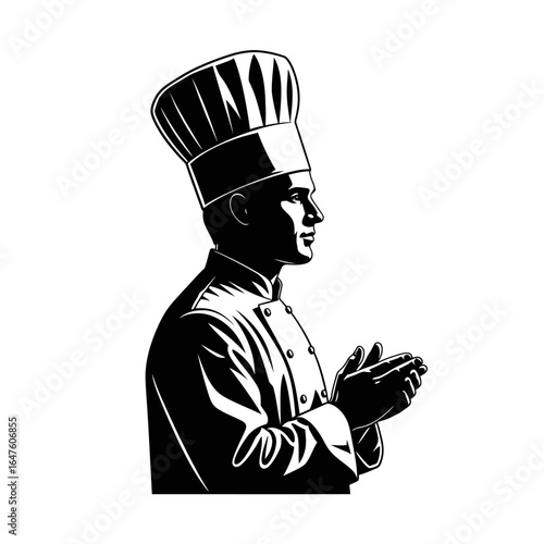 Black and white silhouette of a chef in profile, clapping hands, wearing a tall hat and uniform.