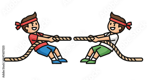 Two boys engage in a playful tug-of-war, illustrated in a vibrant cartoon style with bold outlines against a white background, conveying a cheerful and energetic mood.