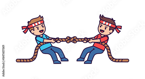 Two boys in headbands play tug-of-war with a thick rope, illustrated in a cartoon style with vibrant colors against a white background.