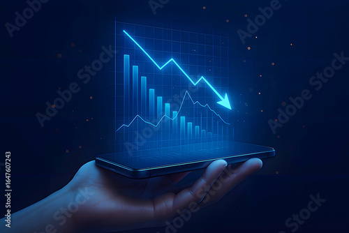 Hand holding smartphone displaying downward trending blue financial graph