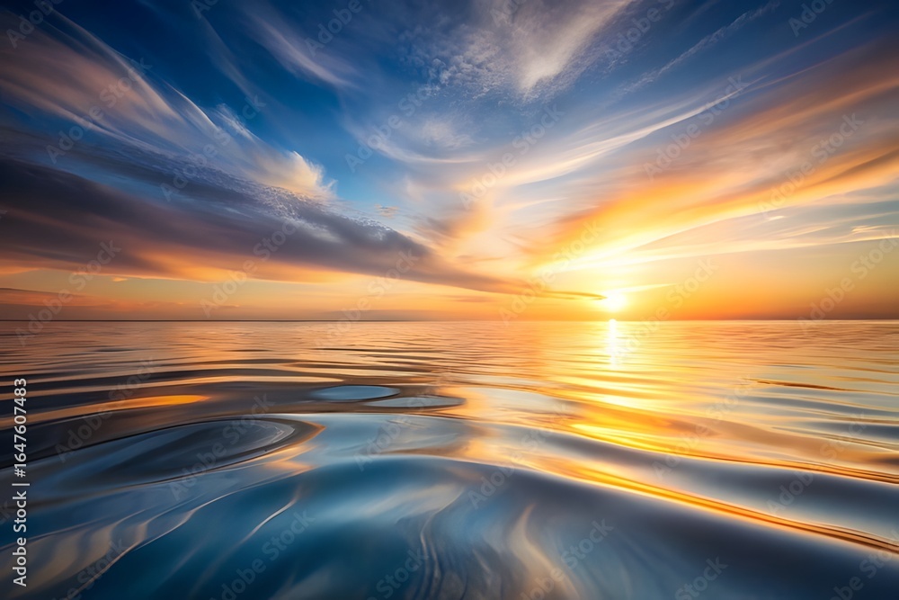 Obraz premium Breathtaking sunset over the calm ocean, with vibrant orange and yellow light reflecting on the waters surface under a dramatic sky