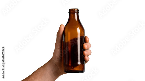 Hand grab brown bottle isolated transparent background