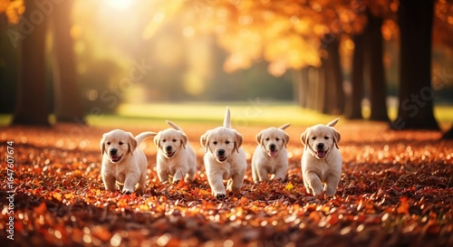 A litter of adorable yellow Labrador Retriever puppies running through colorful autumn leaves. Five playful dogs enjoying a sunny day in a park.