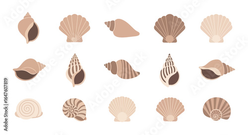 Collection of Stylized Seashells in Earthy Tones and Various Shapes