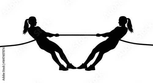 Two women in black silhouettes pulling a rope in a tug-of-war competition, minimalist graphic design, against a white background, conveying a strong and determined mood.
