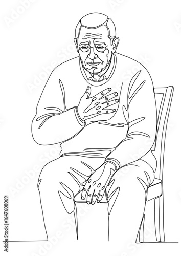 A senior man is having a heart attack while sitting on a chair.
