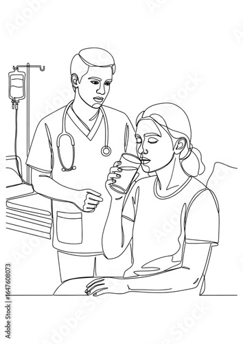 A doctor gives a patient a glass of water in a hospital.
