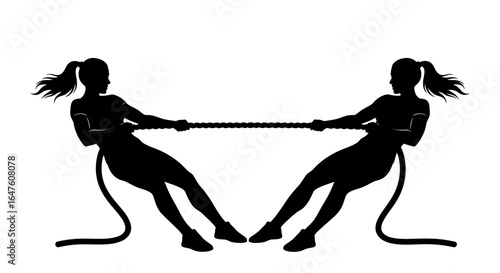 Two women engage in a tug-of-war, a monochrome silhouette illustration against a white background, showcasing dynamic action and a sense of competition.