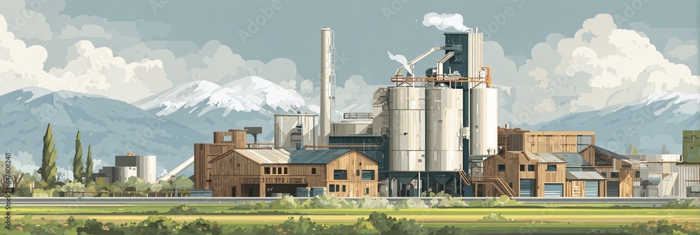 Fototapeta premium PASTELOWA ILUSTRACJA FABRYKI BIOMASY W STYLU FLAT DESIGN