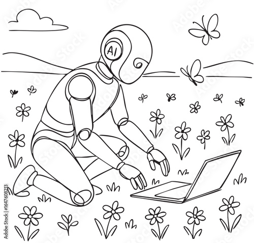 line sketch ai mows the grass on fields. Ideal for technology, security, automation, organization, productivity, future, AI themes