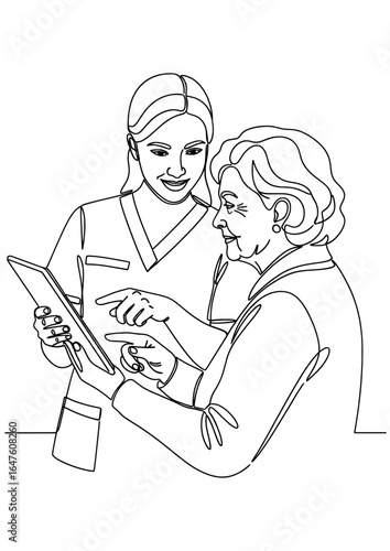 A nurse shows a senior woman her medical data on a tablet.