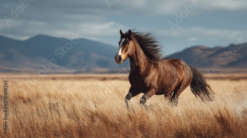 Wallpaper Mural Majestic horse gallops through golden grasslands under a dramatic sky in mountainous terrain Torontodigital.ca