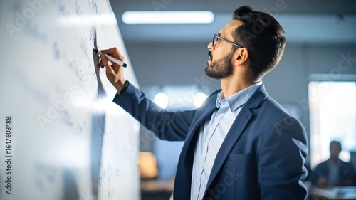 Businessman writing on whiteboard
