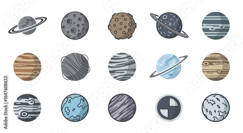 Colorful collection of stylized cartoon planets, moons, and celestial bodies with unique textures, craters, and rings.