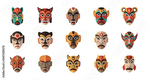 Colorful collection of stylized tribal and ethnic masks with geometric patterns and ornaments.