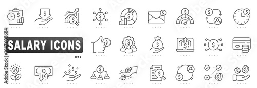 Line salary icon set covering payroll, wage, income, compensation, bonus, raise, analytics, overtime, payslip, approval, deposit, secure payout, report, vector