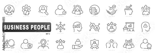 Business people outline icons for leadership, management, recruitment, partnership, training, analytics, security, certification, team, growth, editable stroke, performance, strategy, vector