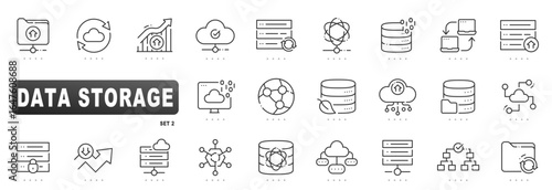 Outline data storage icons featuring cloud, database, server backup, sync, migration, replication, security, analytics, scalability, multicloud, monitoring, versioning, compliance dashboard