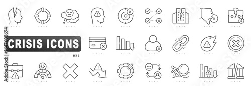 Vector outline icons illustrating crisis risk warning decline recession bankruptcy payment failure outage stress downtime breach volatility editable stroke finance