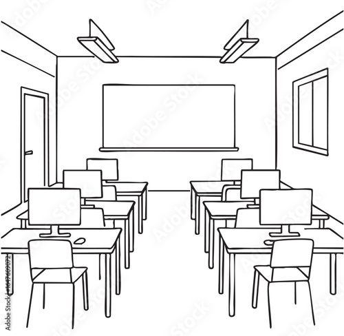 line sketch classroom interior with desks and computers