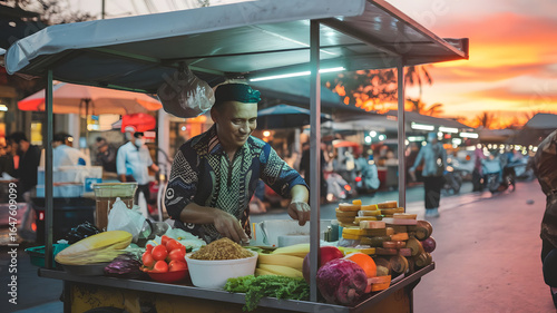 A photo of a traditional Indonesian street food vendor preparing food in a cart at sunset.
